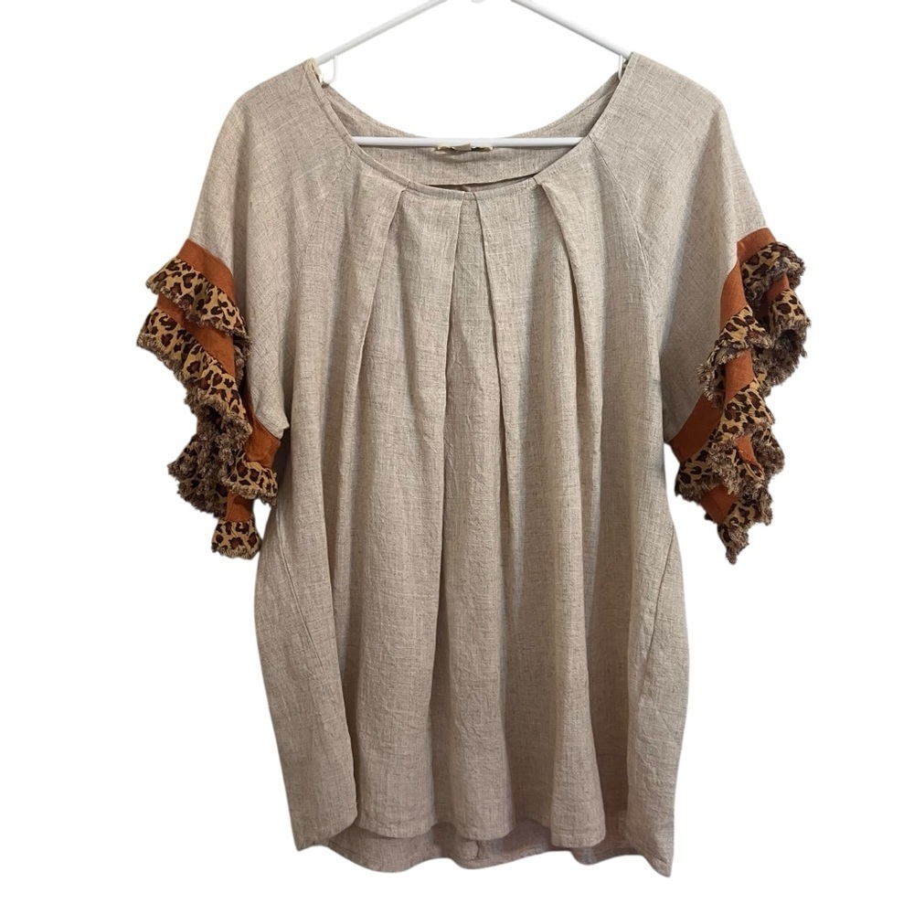 Umgee linen blouse animal print sleeves small casual neutral boho leopard chic